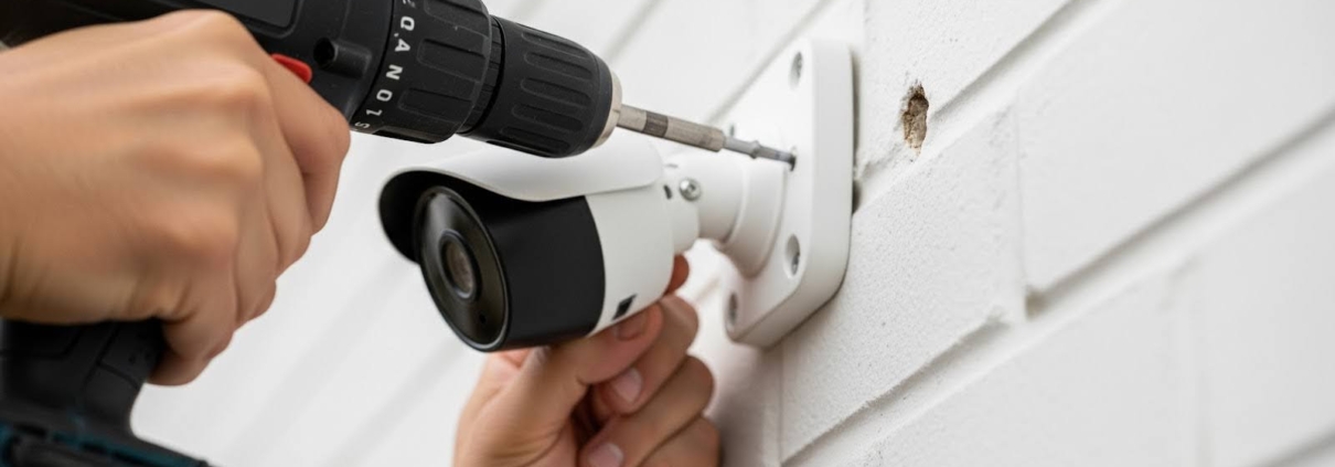 Close-up of a person installing an outdoor security camera on a white brick wall using a power drill, with ‘American Alarm’ in the bottom right corner.