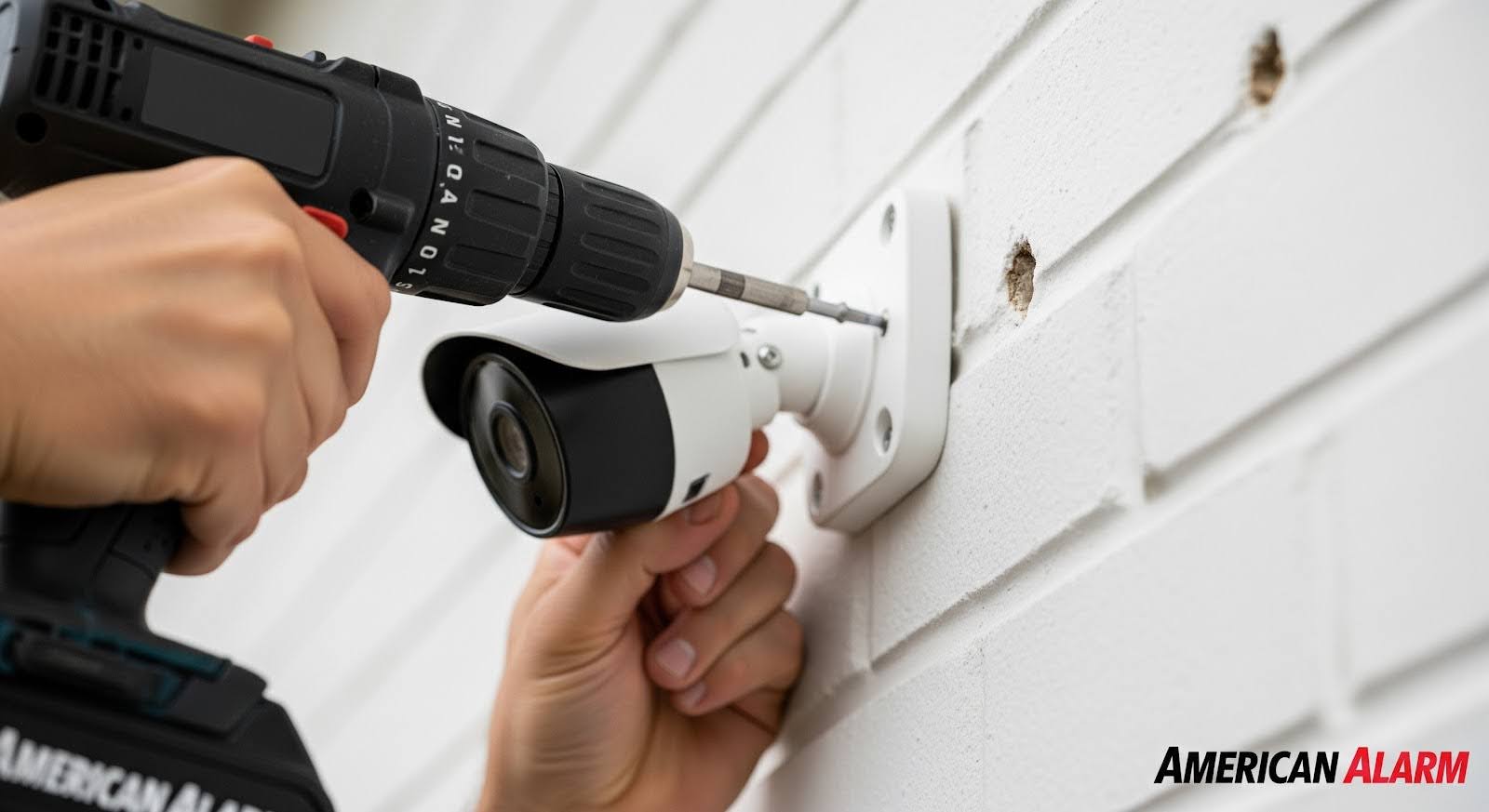Close-up of a person installing an outdoor security camera on a white brick wall using a power drill, with ‘American Alarm’ in the bottom right corner.