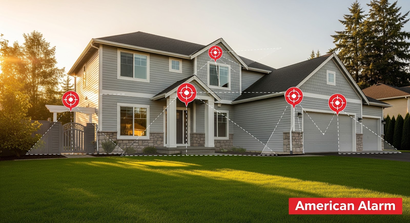 A two-story home at sunset with red target icons and dotted lines marking security camera coverage points around the exterior, with ‘American Alarm’ in the bottom right corner.