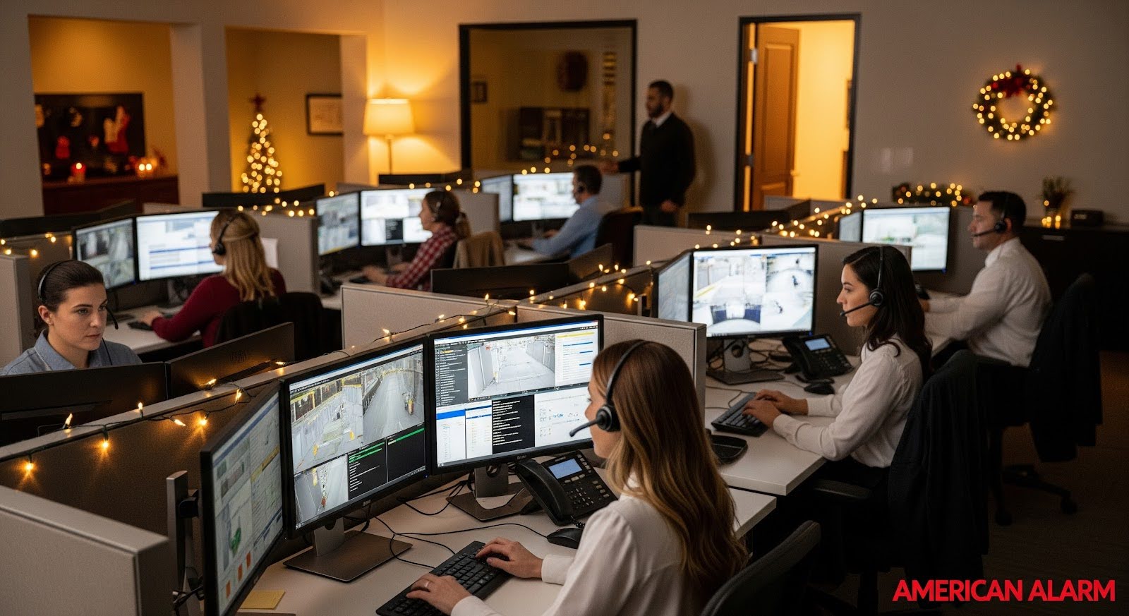 Call-center staff monitor multiple security camera feeds at holiday-decorated workstations, with ‘American Alarm’ visible in the bottom right corner.