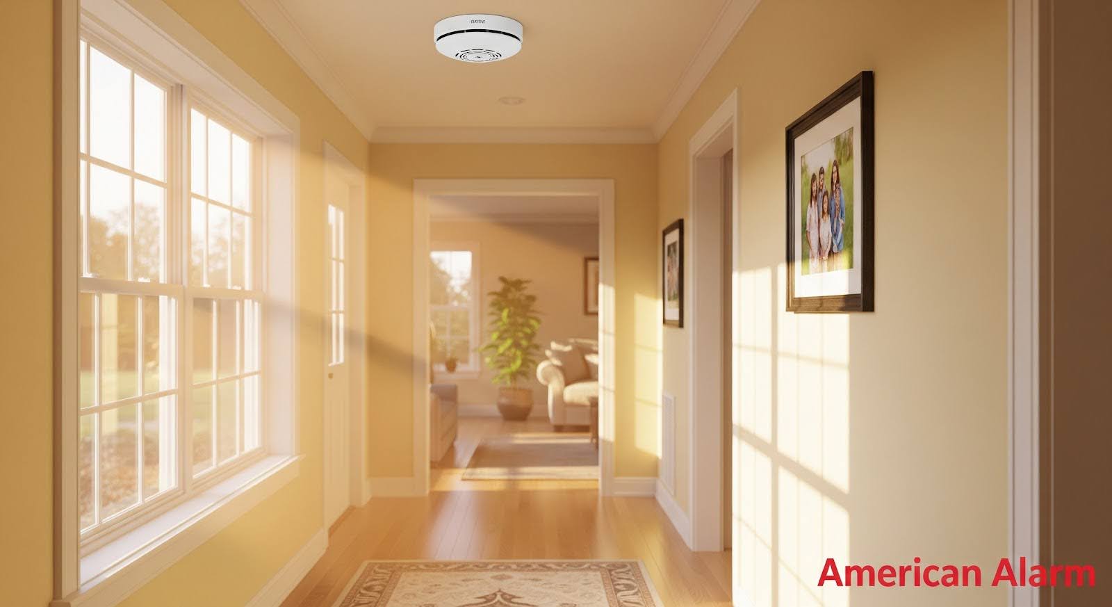 A sunlit hallway with a ceiling-mounted smoke detector and ‘American Alarm’ in the bottom right corner.