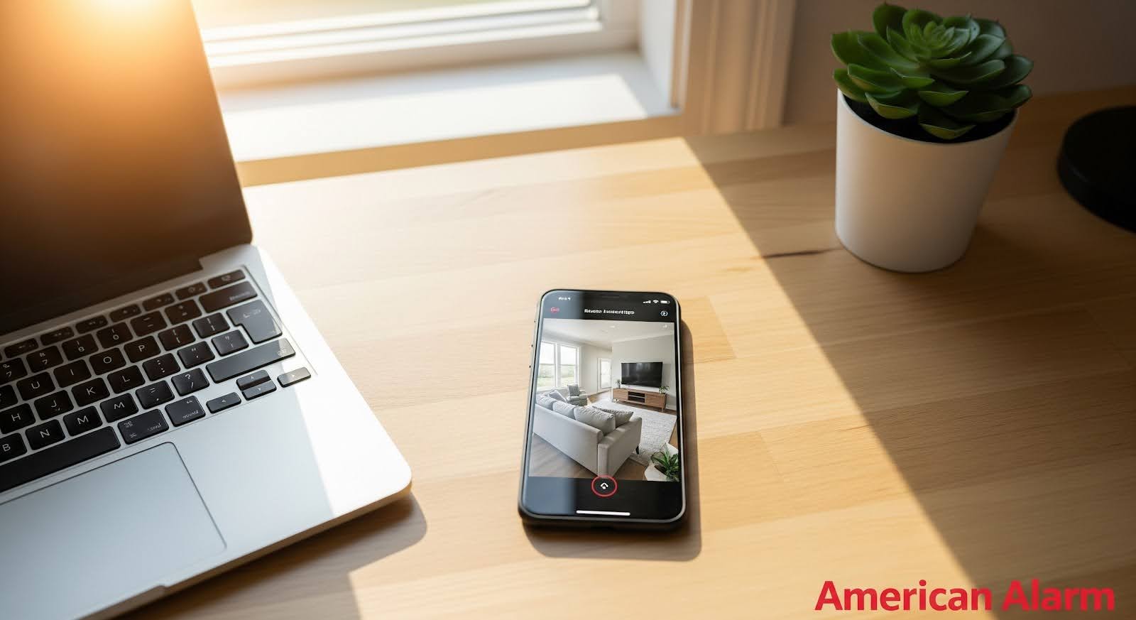 A smartphone on a sunlit desk displays a live view of a living room from a security camera, next to a laptop and a small potted plant, with ‘American Alarm’ in the bottom right corner.