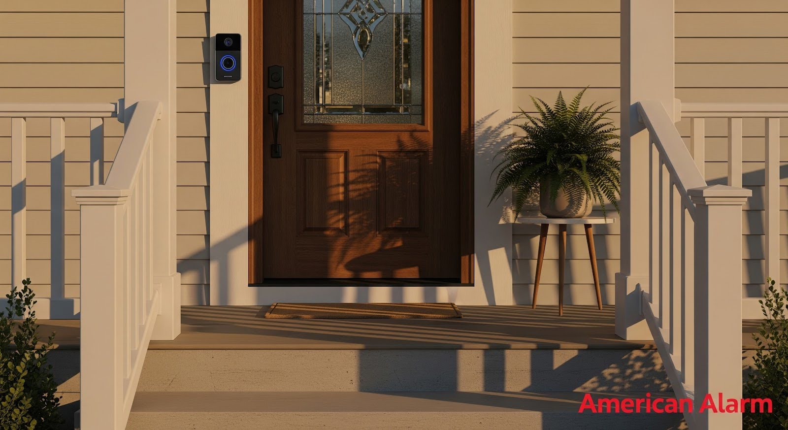 A front porch at sunset with a doorbell camera mounted beside a wooden front door, showing shadows across the steps and a potted plant on a small table, with ‘American Alarm’ in the bottom right corner.