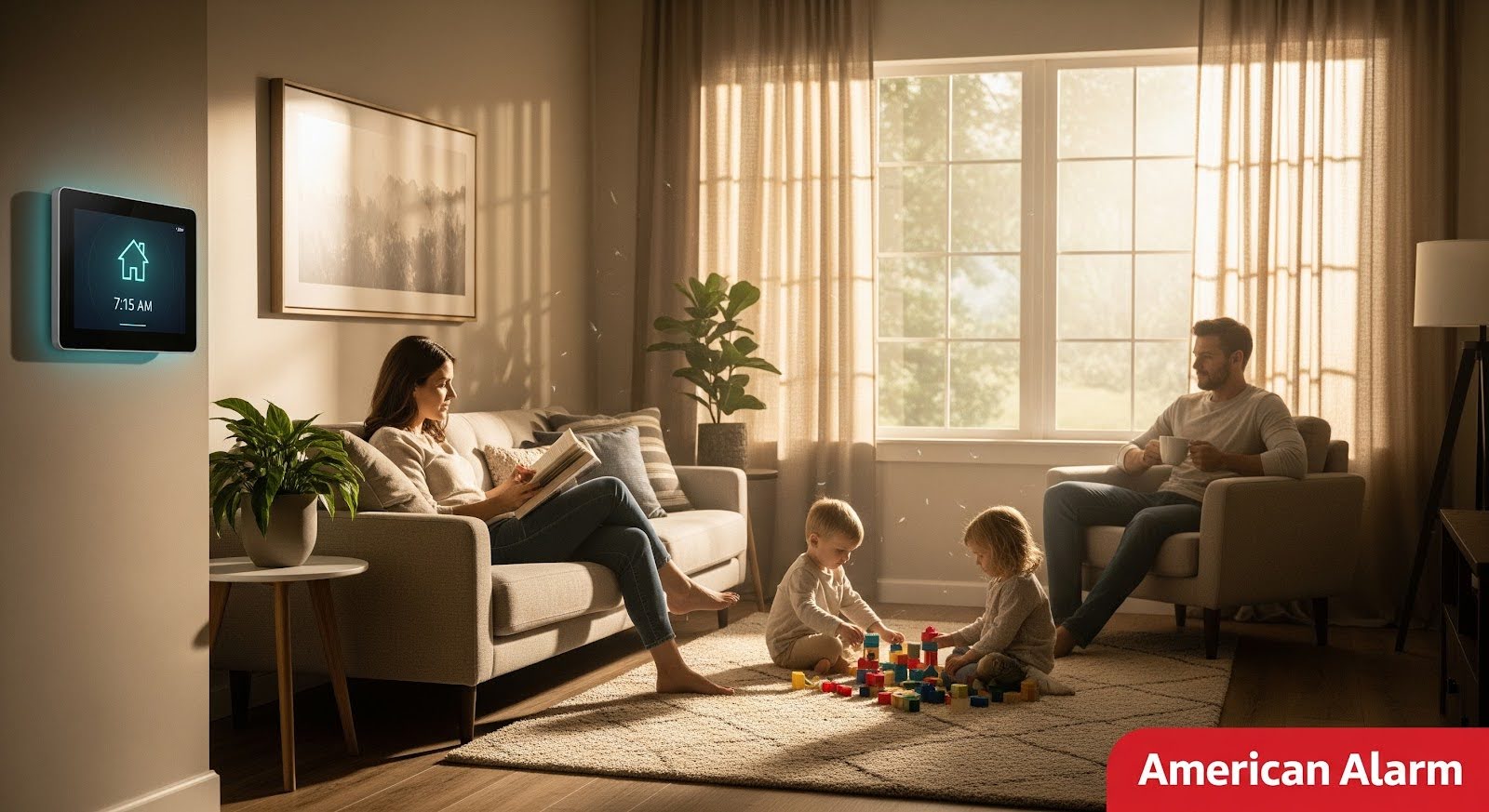 A family relaxes in a sunlit living room while two children play with blocks on the floor, with a wall-mounted security panel and ‘American Alarm’ in the bottom right corner.