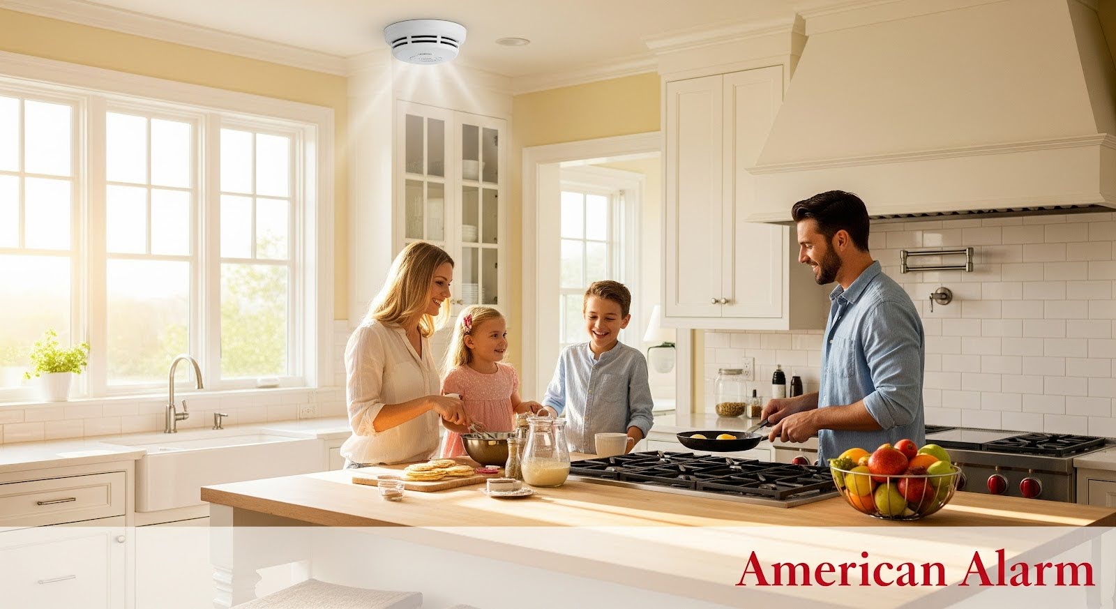 A family cooks together in a bright kitchen with a smoke detector on the ceiling and ‘American Alarm’ shown in the bottom right corner.