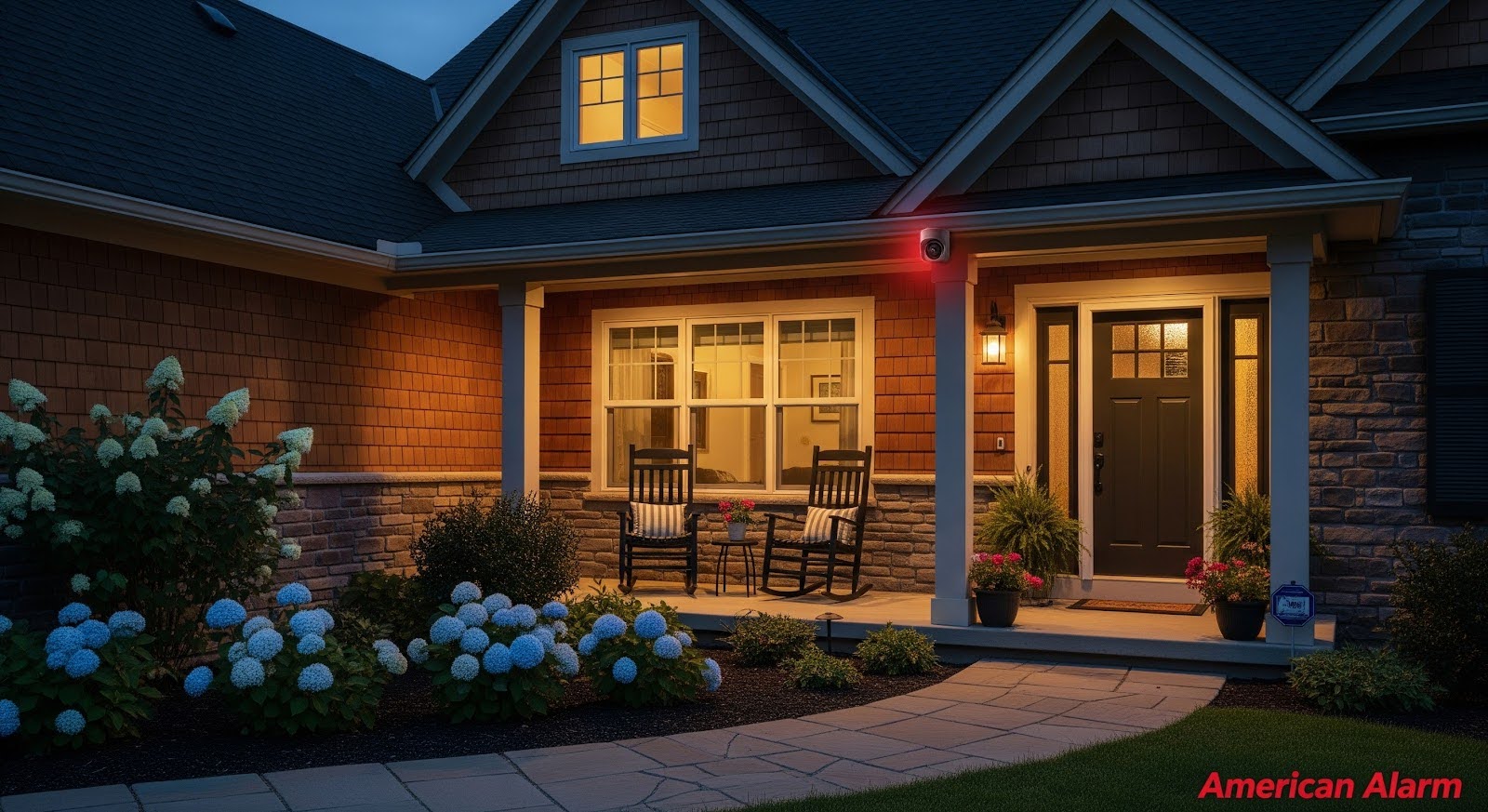 A well-lit house at dusk with a front-porch security camera glowing red, landscaped flowers, and ‘American Alarm’ in the bottom right corner.