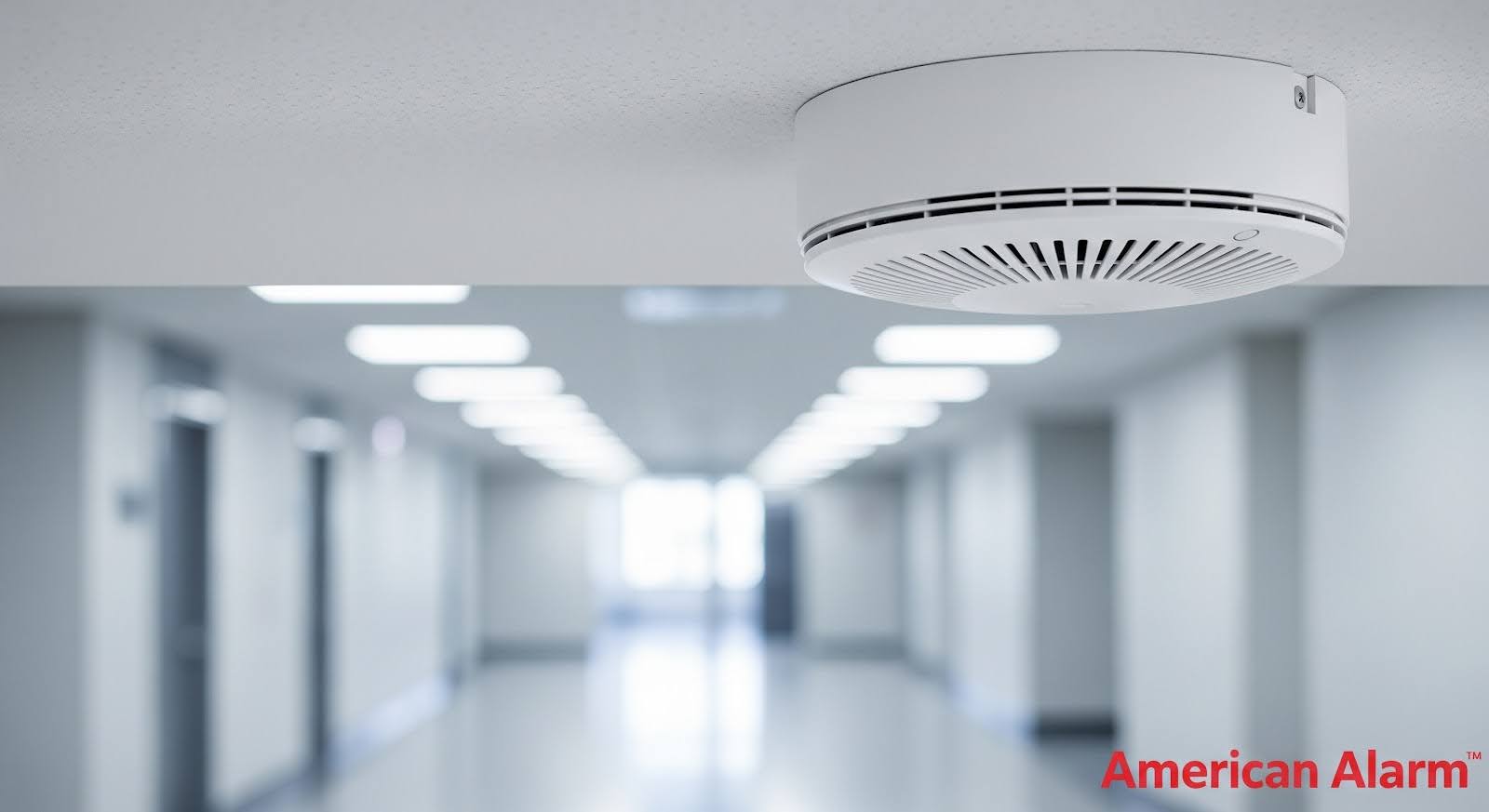 A close-up of a ceiling-mounted smoke detector in a bright, modern hallway, with ‘American Alarm’ in the bottom right corner.