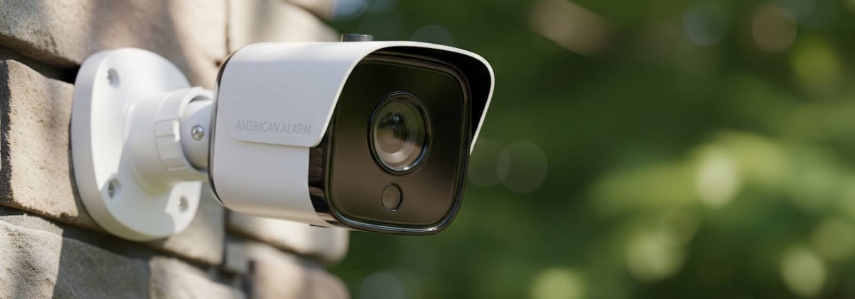A wall-mounted outdoor security camera in focus against a blurred green background, with ‘American Alarm’ in the bottom right corner.
