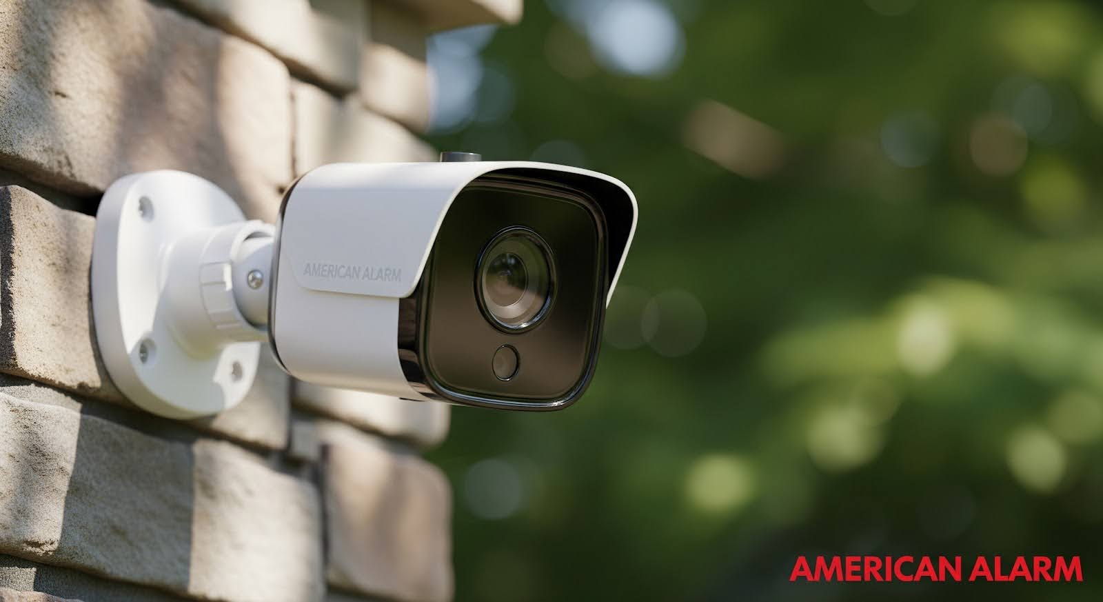 A wall-mounted outdoor security camera in focus against a blurred green background, with ‘American Alarm’ in the bottom right corner.