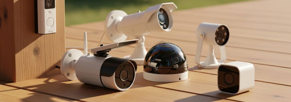 arious types of security cameras arranged on a wooden deck, including a doorbell camera, outdoor bullet cameras, a dome camera, and compact indoor cameras, with ‘American Alarm’ in the bottom right corner.