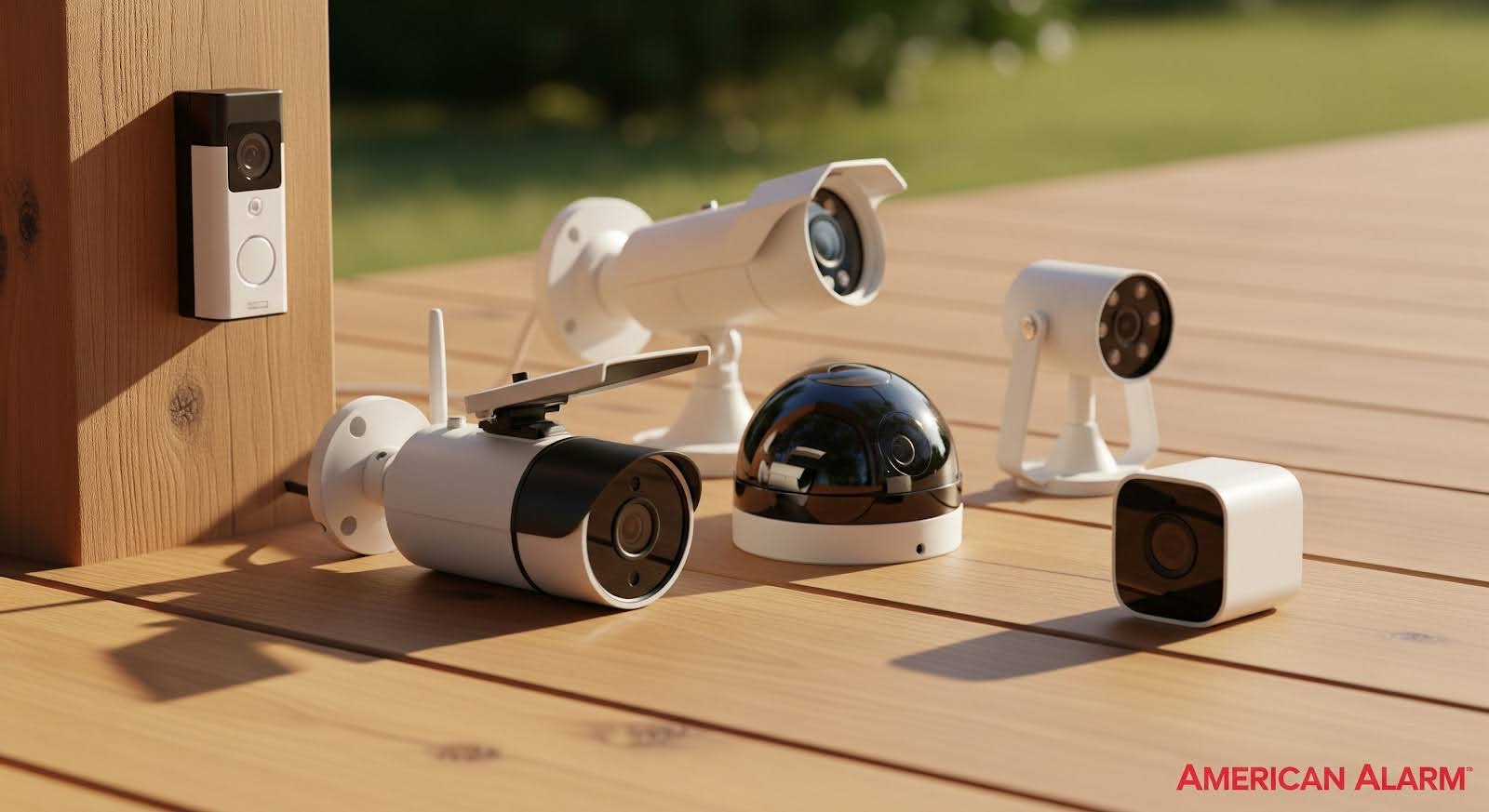 arious types of security cameras arranged on a wooden deck, including a doorbell camera, outdoor bullet cameras, a dome camera, and compact indoor cameras, with ‘American Alarm’ in the bottom right corner.