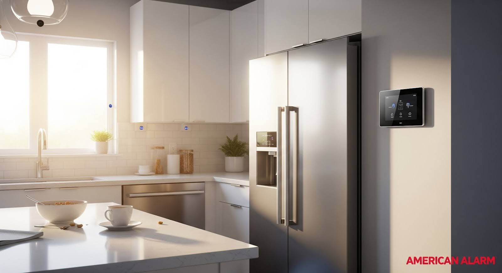 A bright modern kitchen with a wall-mounted security control panel near the refrigerator, safety sensors on the window and cabinets, and ‘American Alarm’ in the bottom right corner.