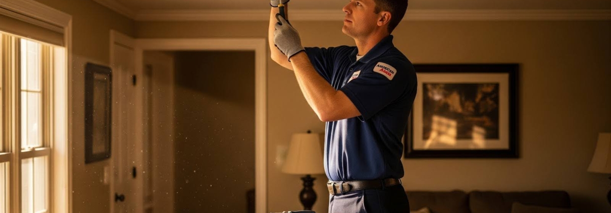 A technician on a ladder replaces a ceiling-mounted smoke detector in a warmly lit living room, with ‘American Alarm’ shown in the bottom right corner.