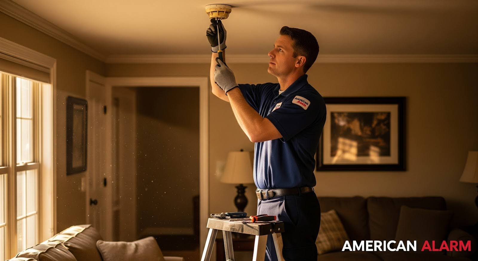 A technician on a ladder replaces a ceiling-mounted smoke detector in a warmly lit living room, with ‘American Alarm’ shown in the bottom right corner.