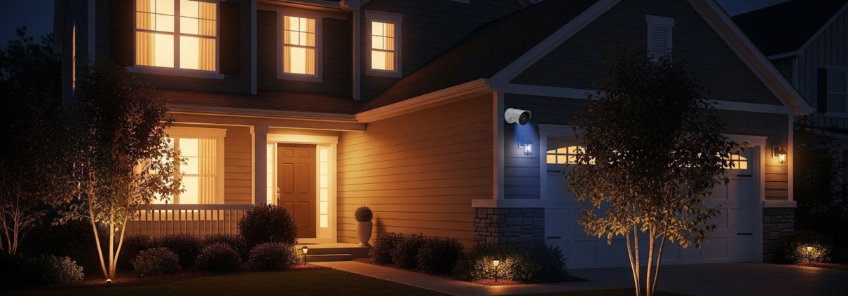 A two-story house at night with warm indoor lights, a security camera mounted near the garage, landscaped trees and shrubs, and ‘American Alarm’ in the bottom right corner.