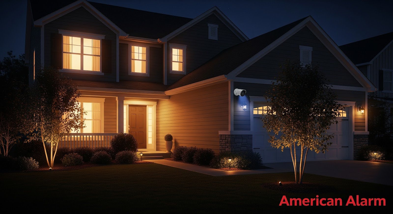 A two-story house at night with warm indoor lights, a security camera mounted near the garage, landscaped trees and shrubs, and ‘American Alarm’ in the bottom right corner.