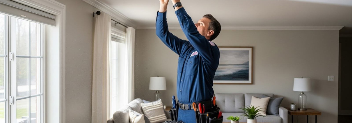 A technician on a ladder installs a smoke detector in a bright living room, with ‘AMERICAN ALARM’ shown in the bottom right corner.