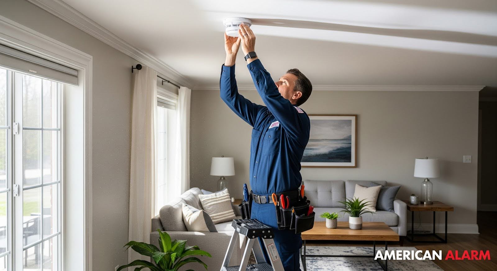 A technician on a ladder installs a smoke detector in a bright living room, with ‘AMERICAN ALARM’ shown in the bottom right corner.