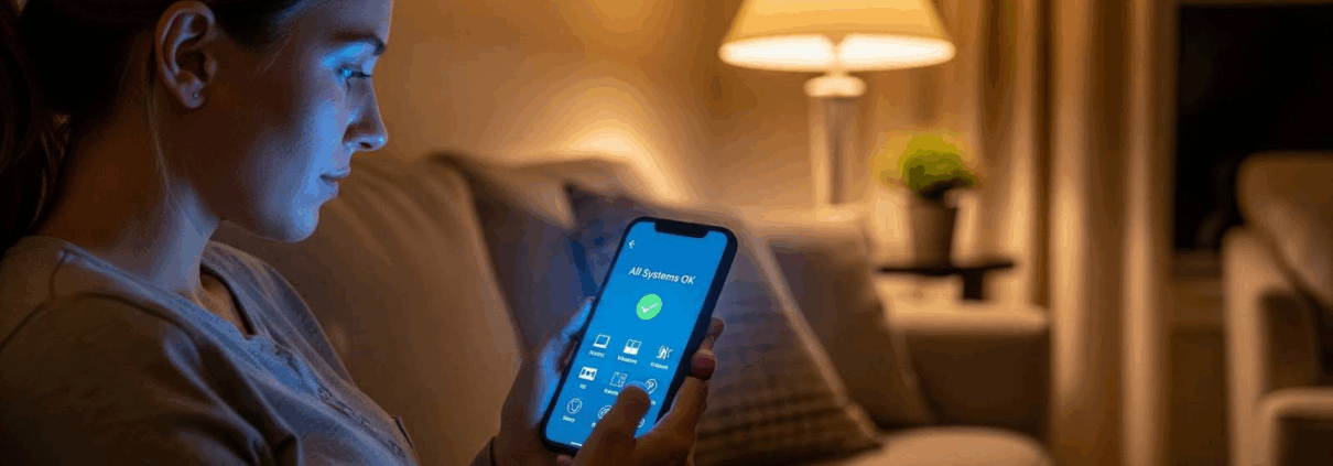 A woman sitting on a couch at night checks a home security app on her phone that reads ‘All Systems OK,’ with ‘American Alarm’ shown in the bottom right corner.