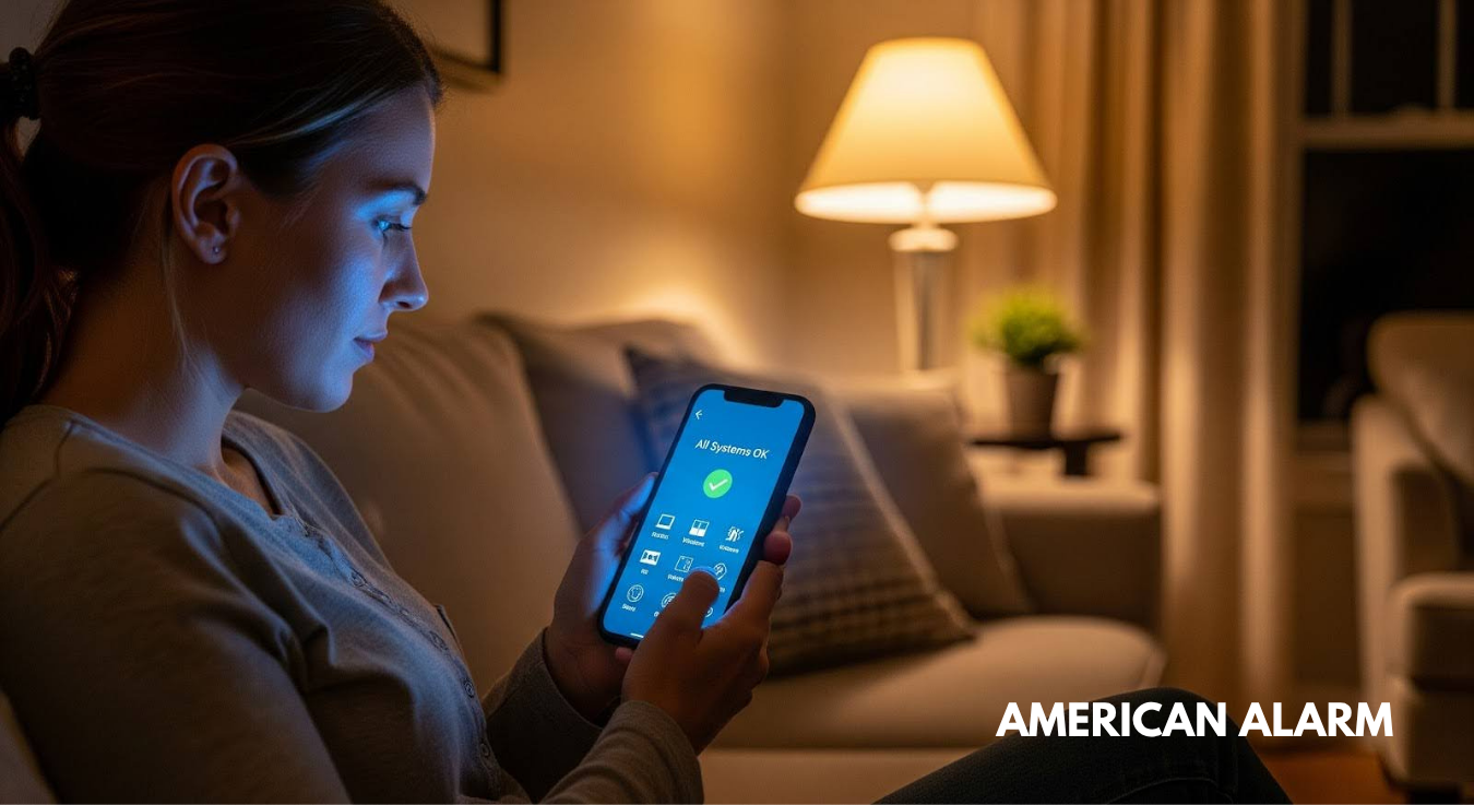 A woman sitting on a couch at night checks a home security app on her phone that reads ‘All Systems OK,’ with ‘American Alarm’ shown in the bottom right corner.