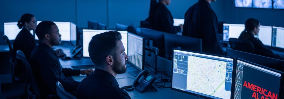 Security staff monitor multiple screens in a control room, with ‘AMERICAN ALARM’ visible on a screen in the bottom right corner.