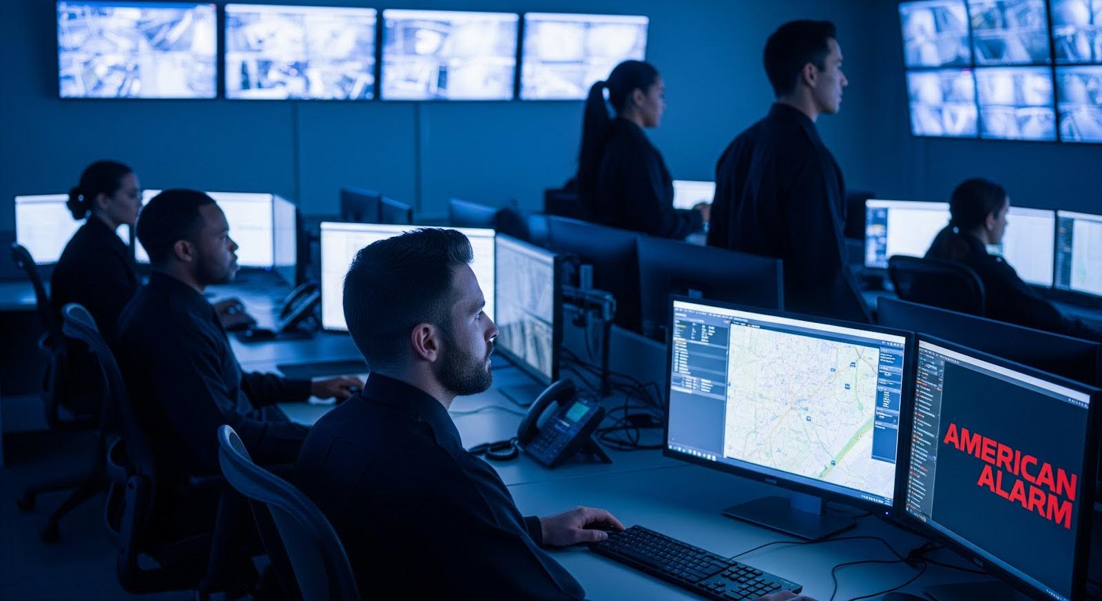 Security staff monitor multiple screens in a control room, with ‘AMERICAN ALARM’ visible on a screen in the bottom right corner.