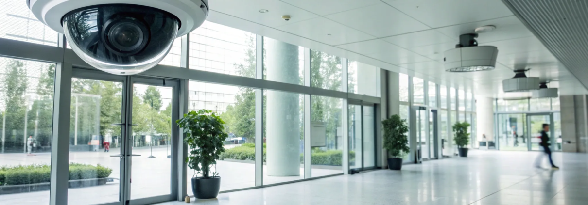 One of the best commercial security camera systems monitoring a modern office lobby.