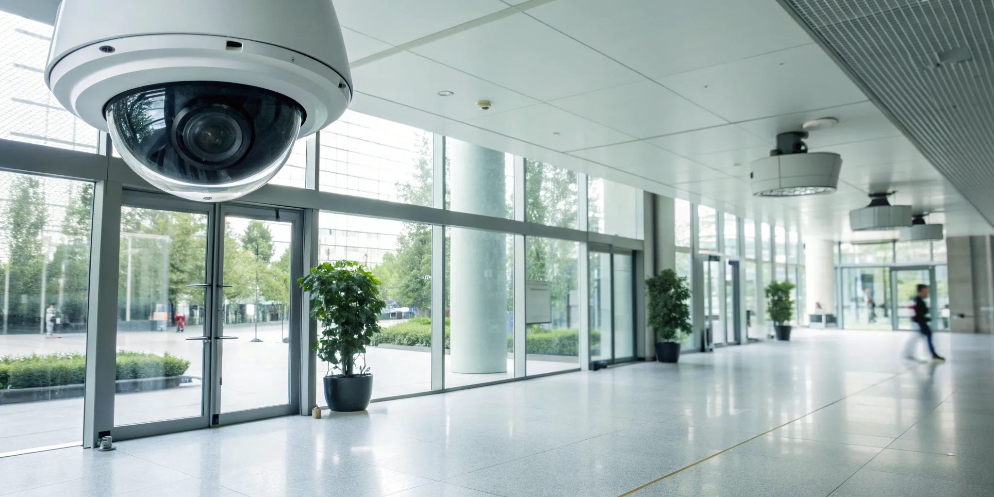 One of the best commercial security camera systems monitoring a modern office lobby.