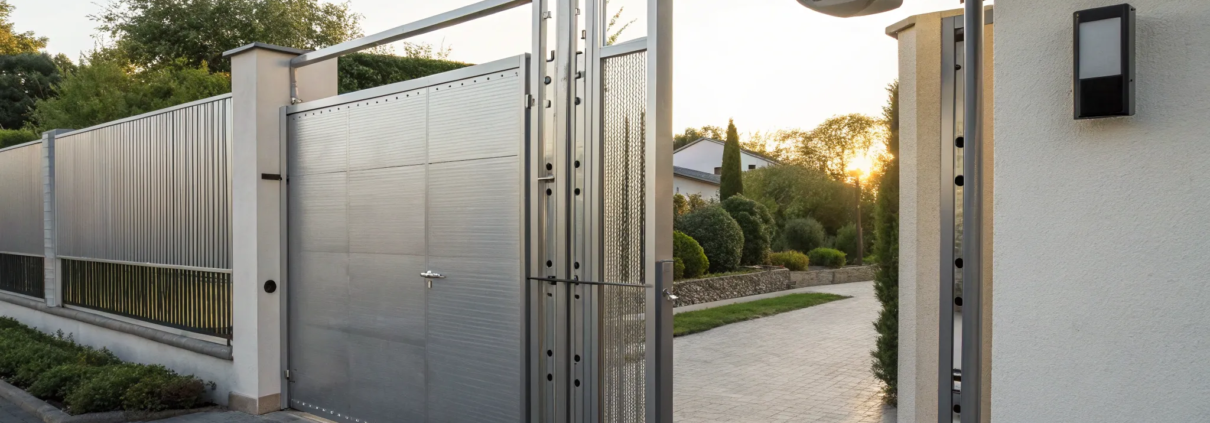 An automated access control gate system with an integrated security camera at a property entrance.