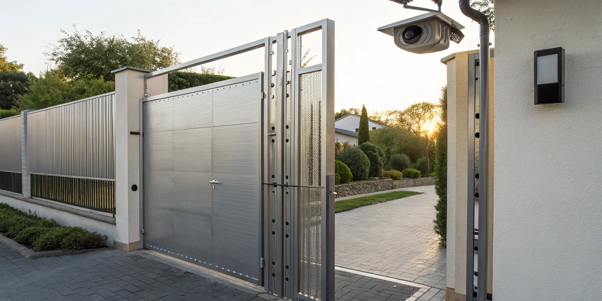 An automated access control gate system with an integrated security camera at a property entrance.