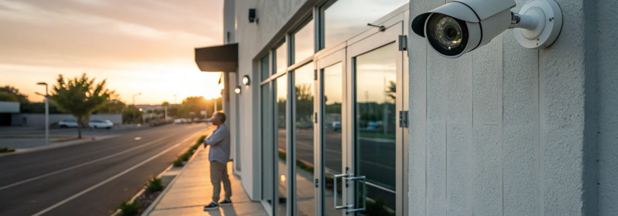 The best alarm system for a small business includes a security camera on the building.