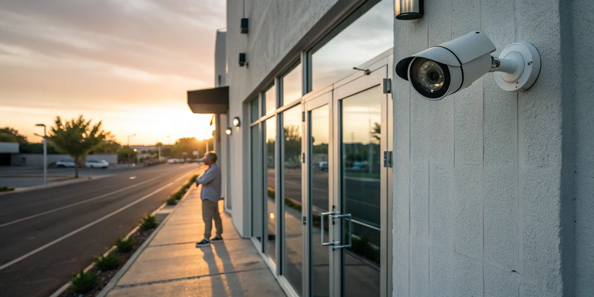 The best alarm system for a small business includes a security camera on the building.