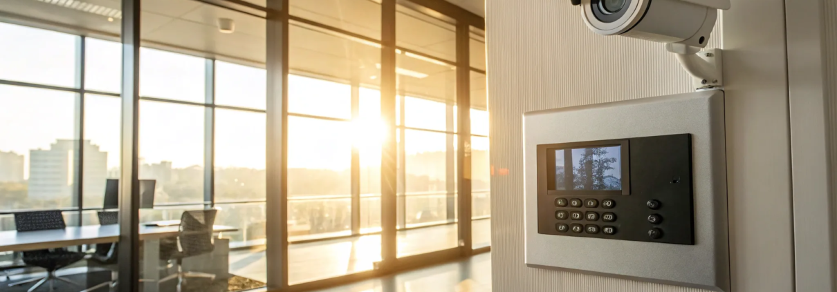 A business alarm system keypad in an office, a key component in security systems pricing.