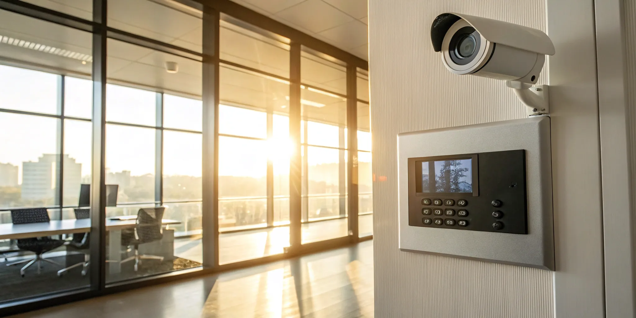 A business alarm system keypad in an office, a key component in security systems pricing.