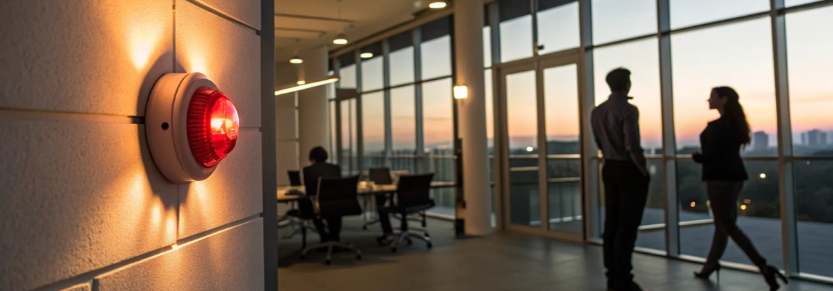 A business fire alarm system with a red alert light in a modern office.