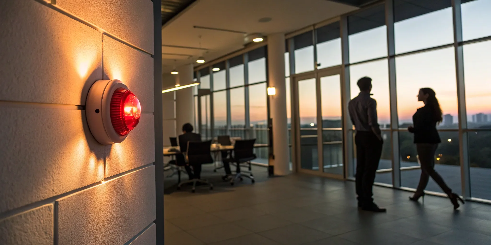 A business fire alarm system with a red alert light in a modern office.