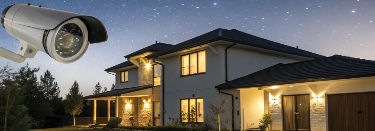 A house at night secured by a home alarm system with an outdoor security camera.