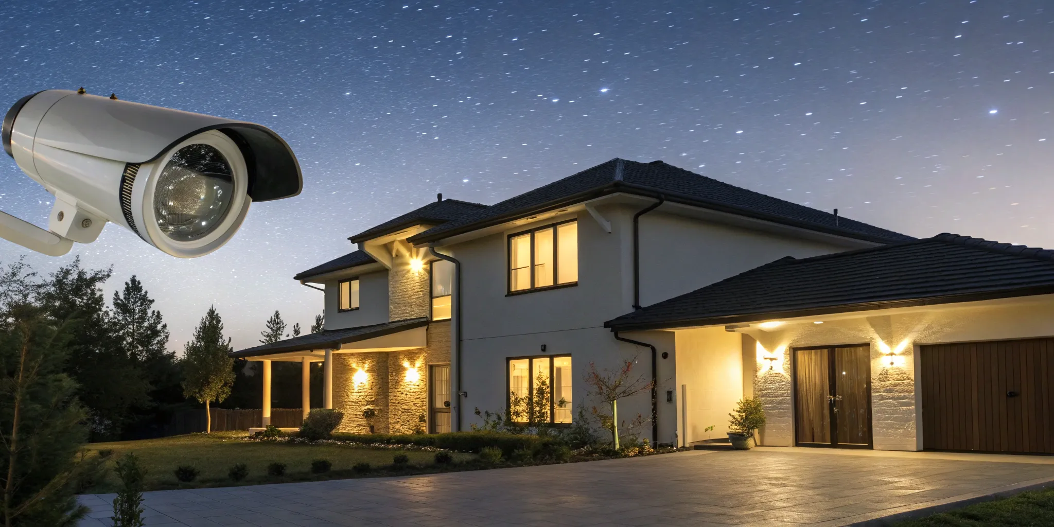 A house at night secured by a home alarm system with an outdoor security camera.