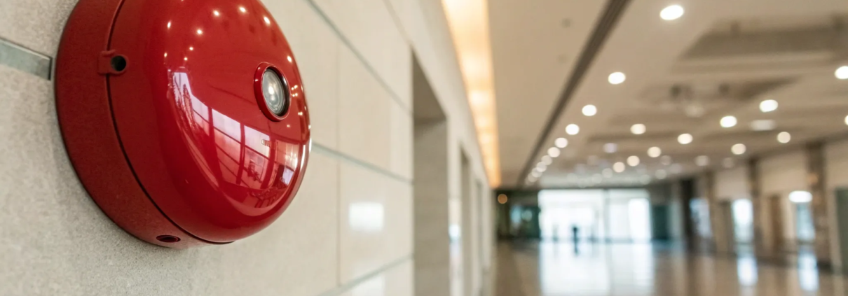 The cost of a commercial fire alarm system with a red alarm bell on a wall.