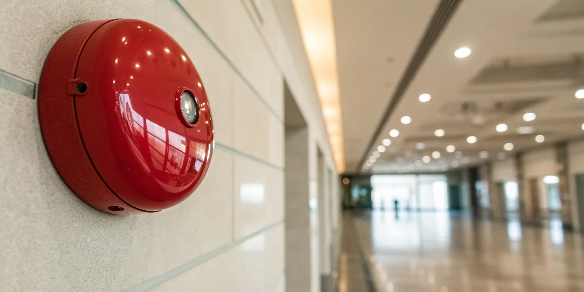 The cost of a commercial fire alarm system with a red alarm bell on a wall.
