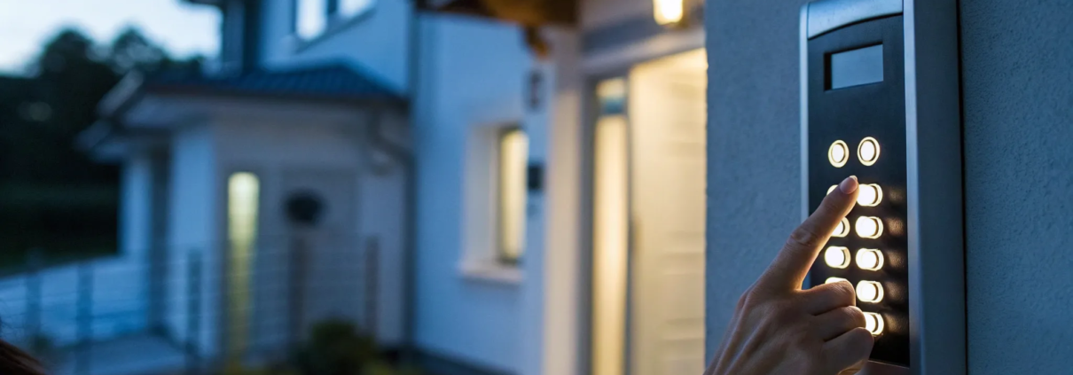 A person using a home security keypad provided by a professional alarm company.