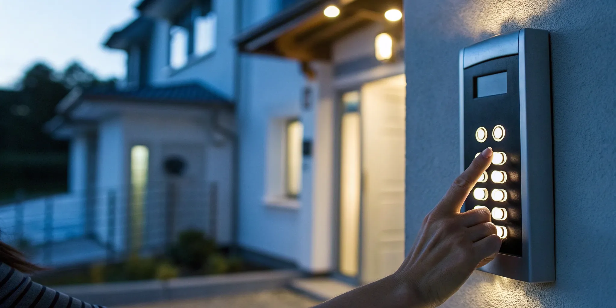 A person using a home security keypad provided by a professional alarm company.