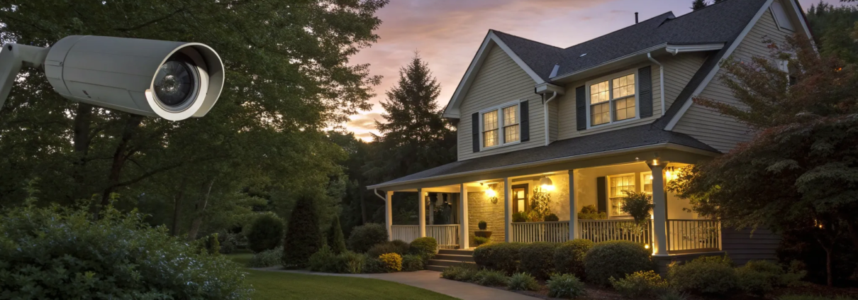 A security alarm system with an outdoor camera monitoring a business property at dusk.