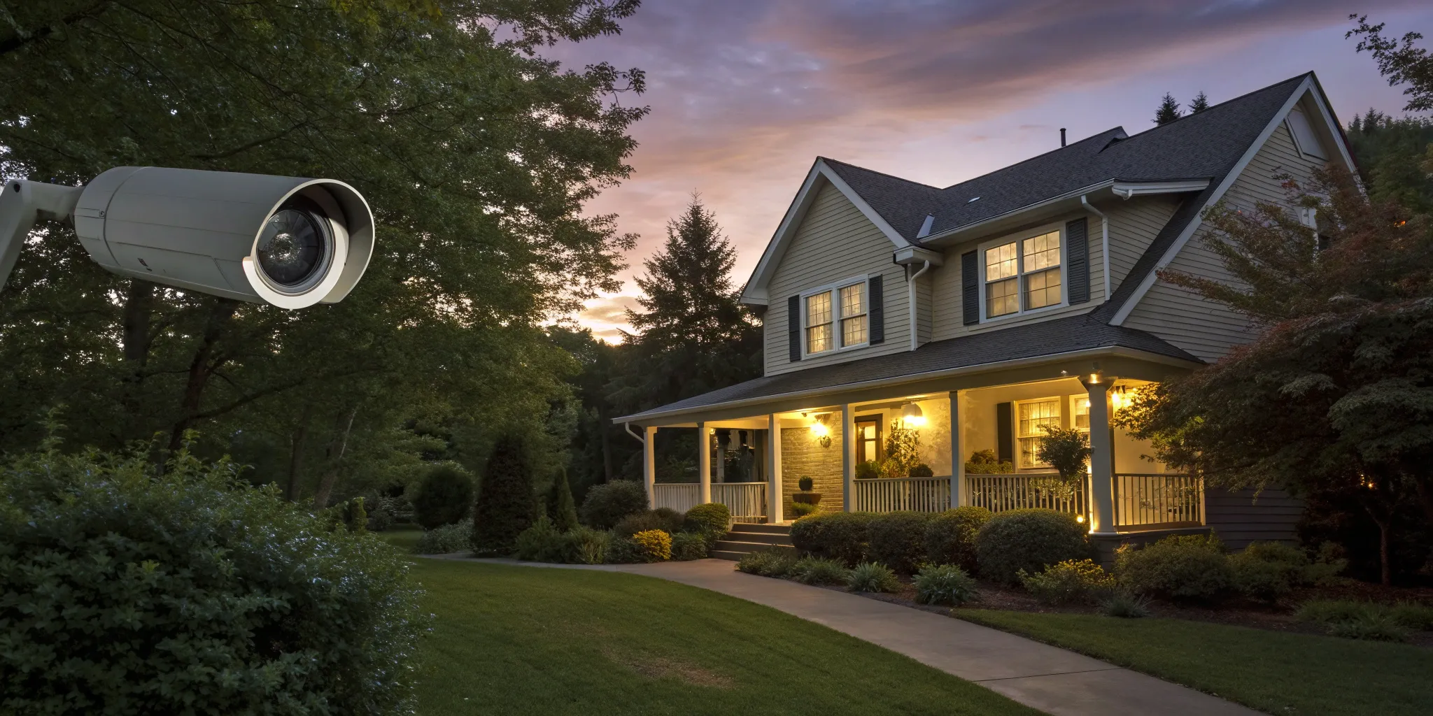 A security alarm system with an outdoor camera monitoring a business property at dusk.