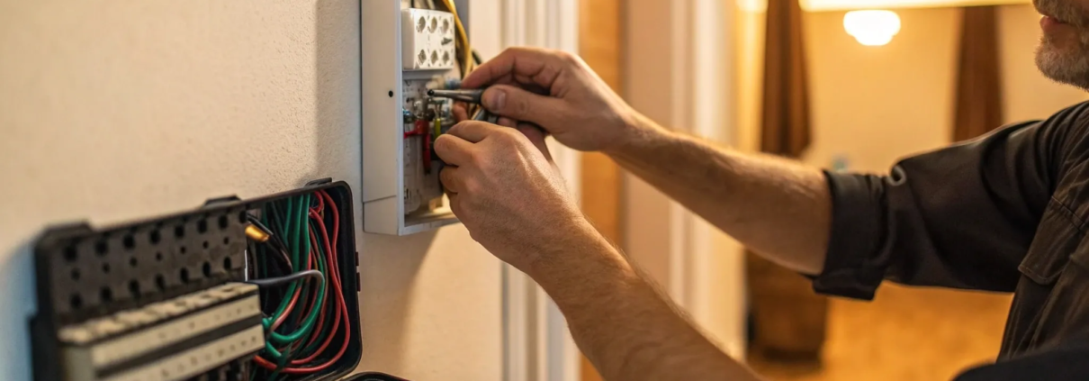 Technician performing a security system repair on a home's control panel.