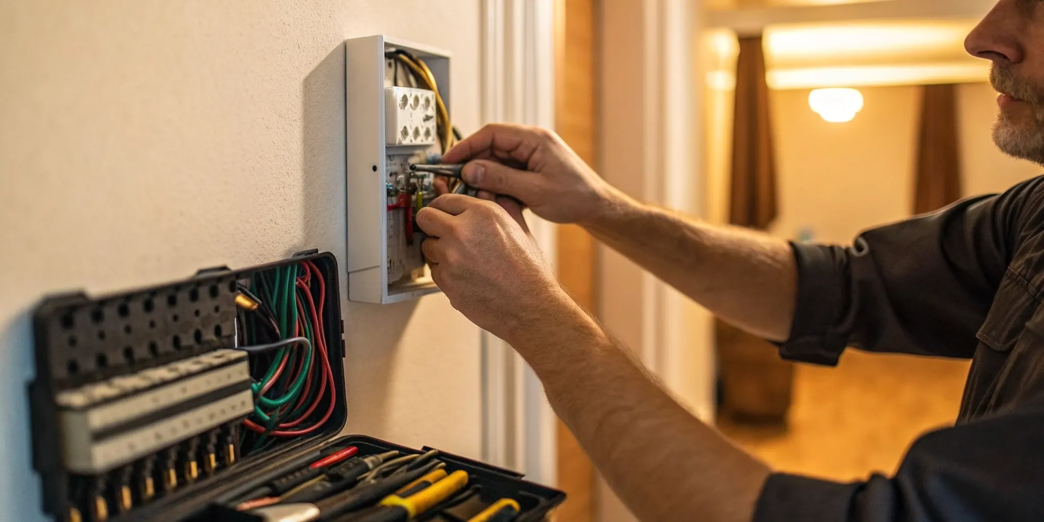 Technician performing a security system repair on a home's control panel.