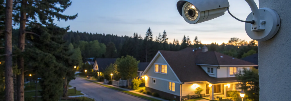 A security camera from a monitored alarm system watching over a residential neighborhood.