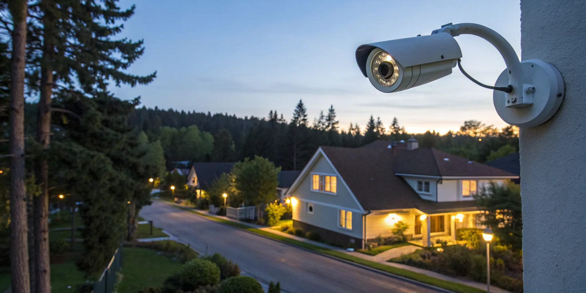 A security camera from a monitored alarm system watching over a residential neighborhood.