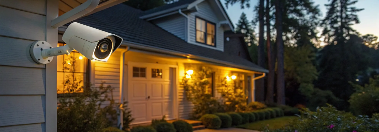 A wireless alarm system security camera monitoring the exterior of a home.