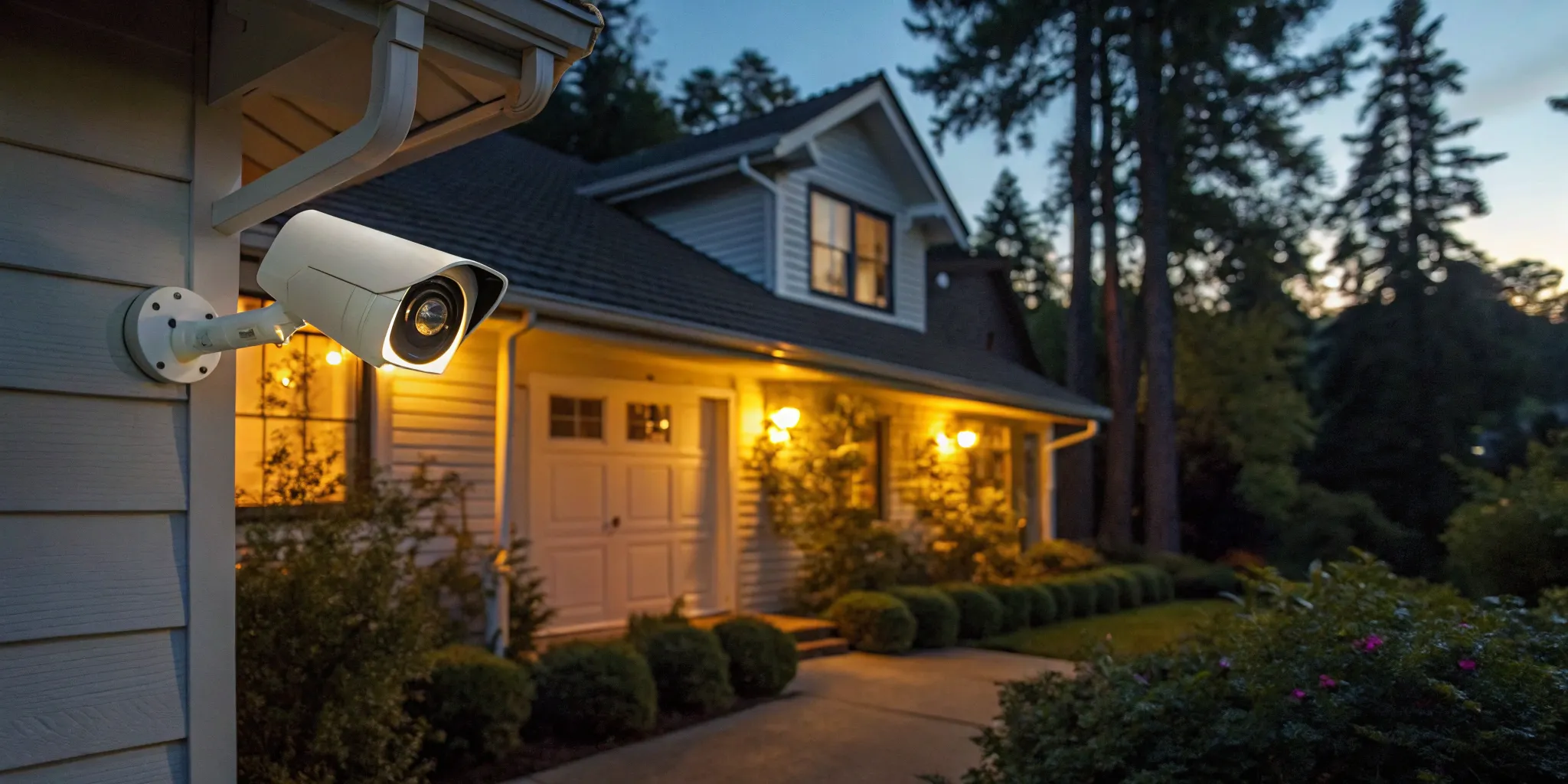 A wireless alarm system security camera monitoring the exterior of a home.
